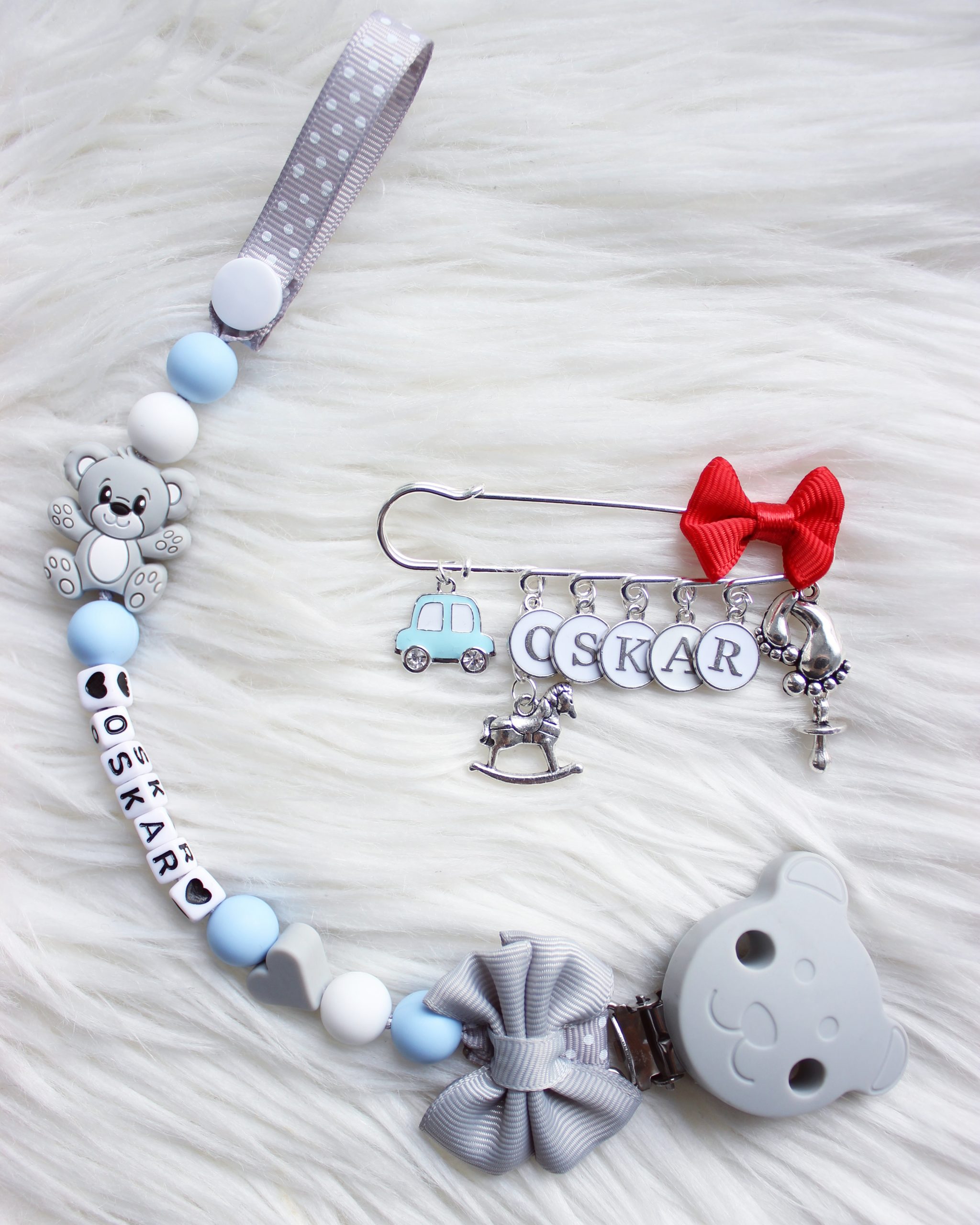 Zawieszka do smoczka Szary Miś/Klips silikonowy