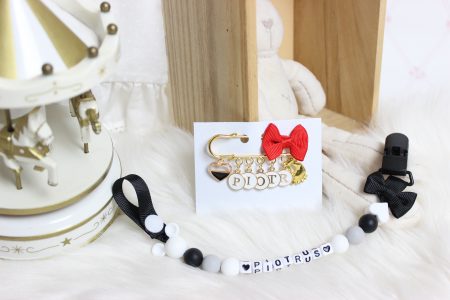 Zawieszka do smoczka na tasiemce z klipsem plastikowym, Czarno Szaro Biała